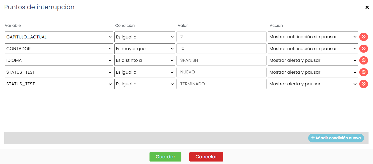 Puntos de interrupción del Depurador SCORM