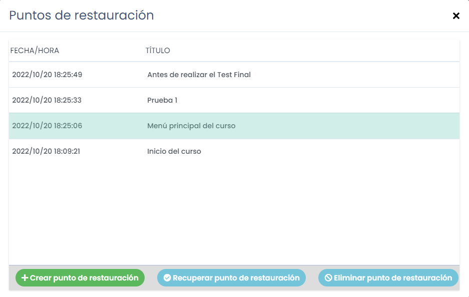 Puntos de restauración del Depurador SCORM