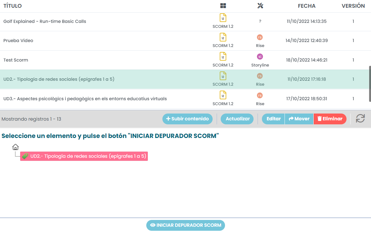 Administración de contenidos del Depurador SCORM