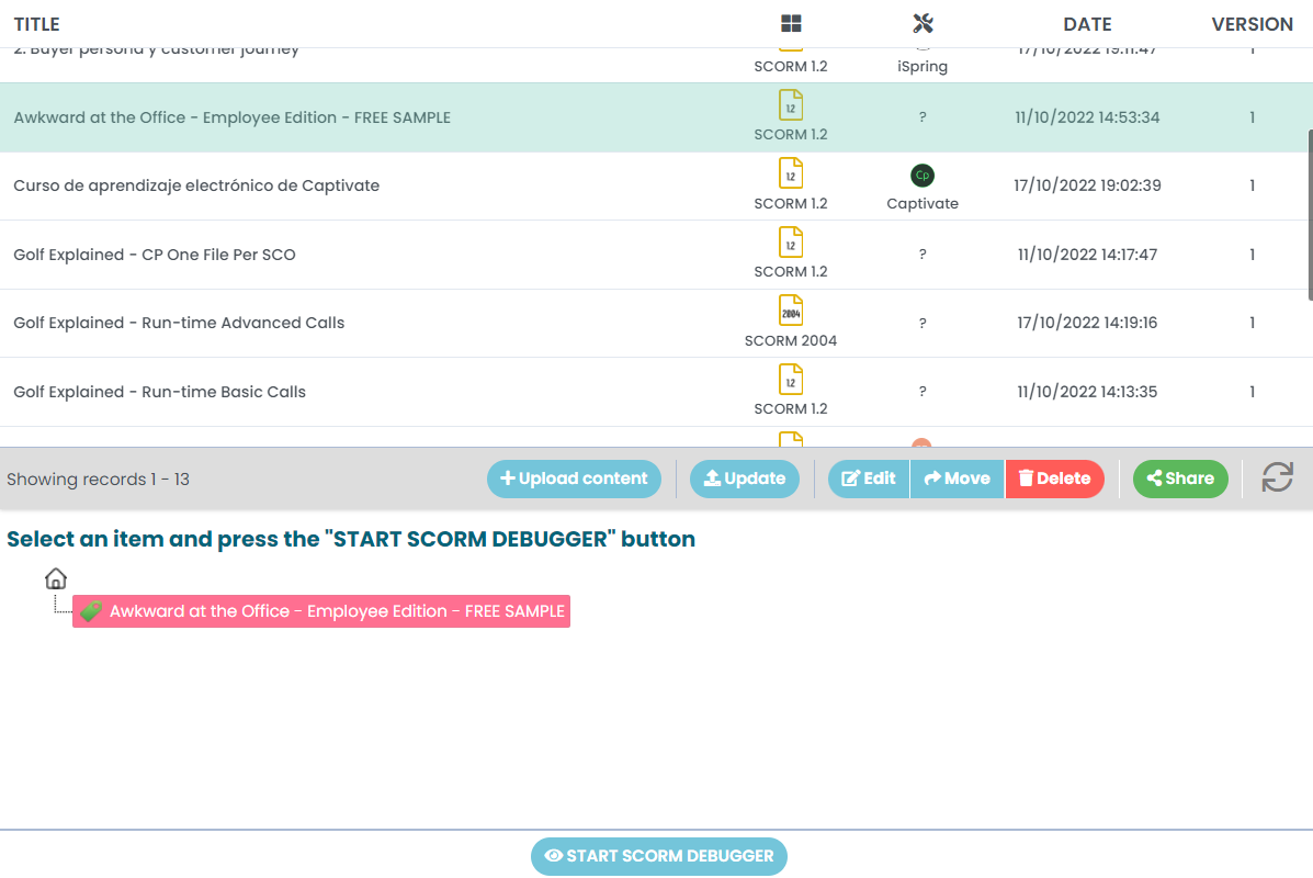 SCORM Debugger's Content administration