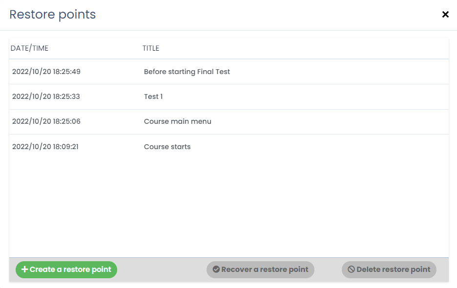 SCORM Debugger's Restore points